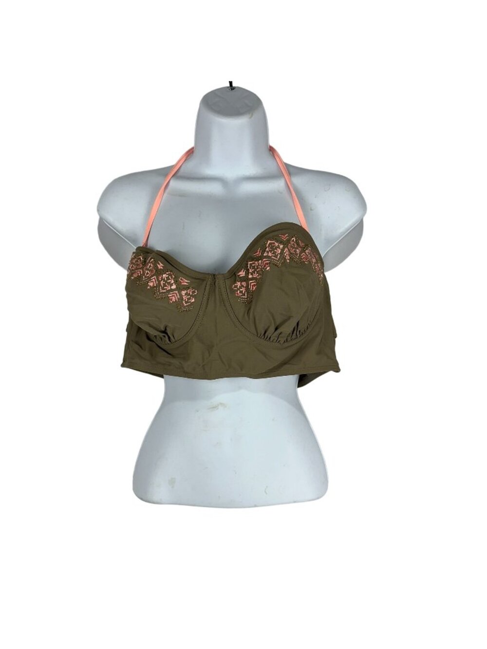 Candies Swim XL Olive Bikini Top With Peach Embroidery & Halter Straps
